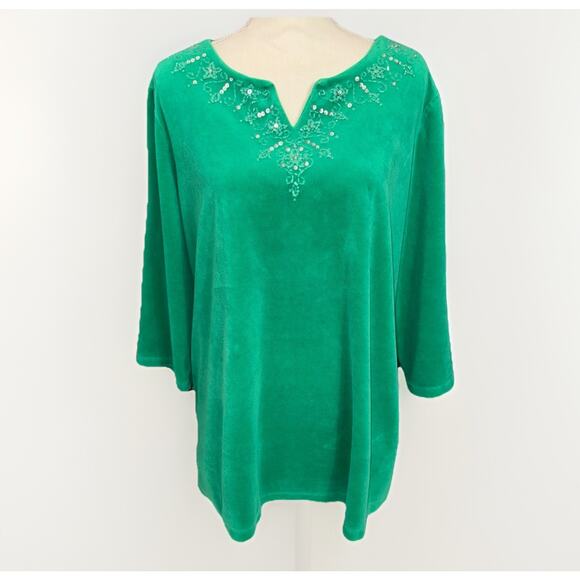 Quacker Factory LG Green Velour Shirt Sequin Velvet Holiday V Neck Christmas Top - Picture 1 of 5